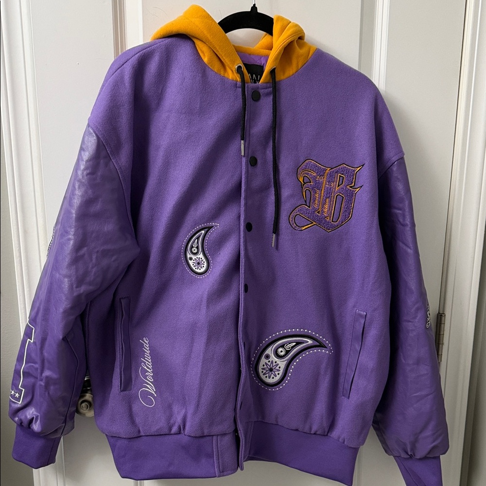 Purple Bomber Jacket with Yellow Hood